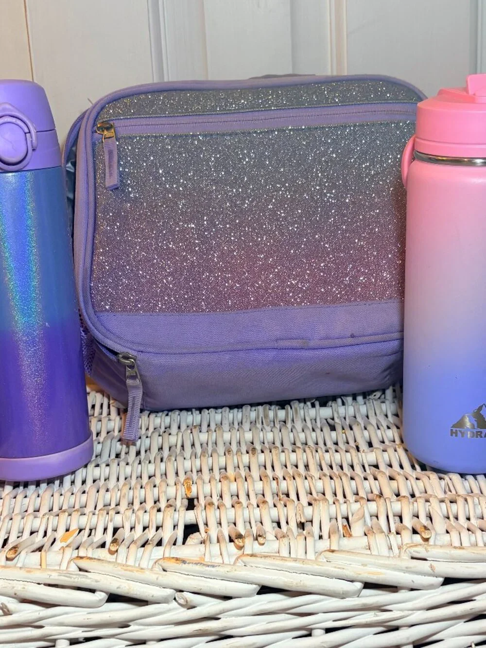 Pottery Barn ombre sparkle lunchbox + waterbottles
